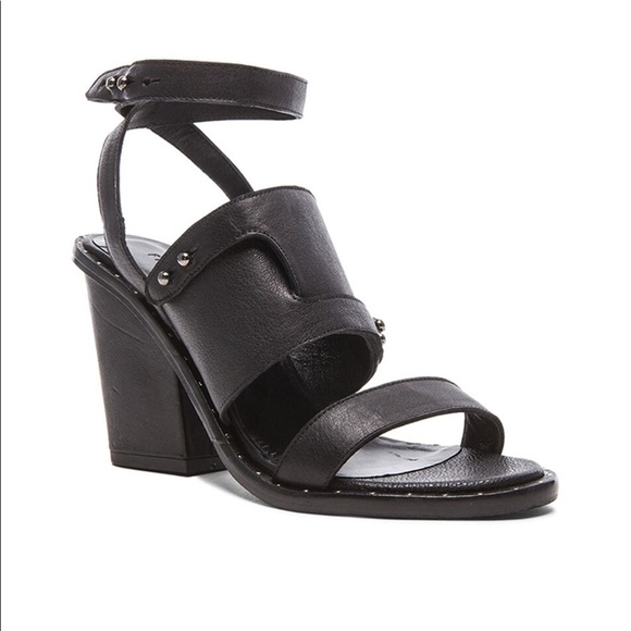 Freda Salvador Calfskin Go Strap Heeled Sandal Black Leather Block Heel Studded - Picture 1 of 11